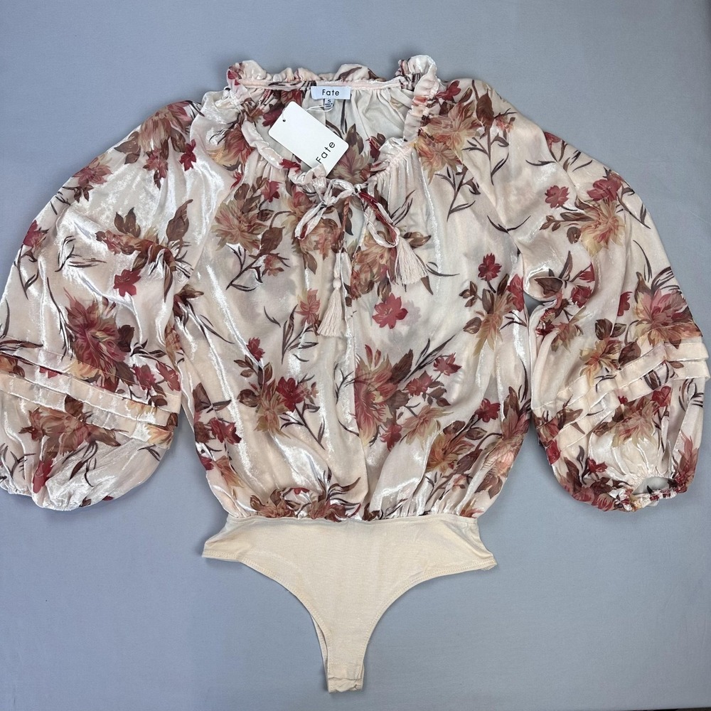Fate‎ Bodysuit Women Small Cream Floral Ruffle Tie Neck Puff Sleeve Velvet Boho